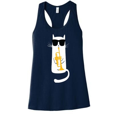 Funny Cat Wearing Sunglasses Playing Trumpet Women's Racerback Tank