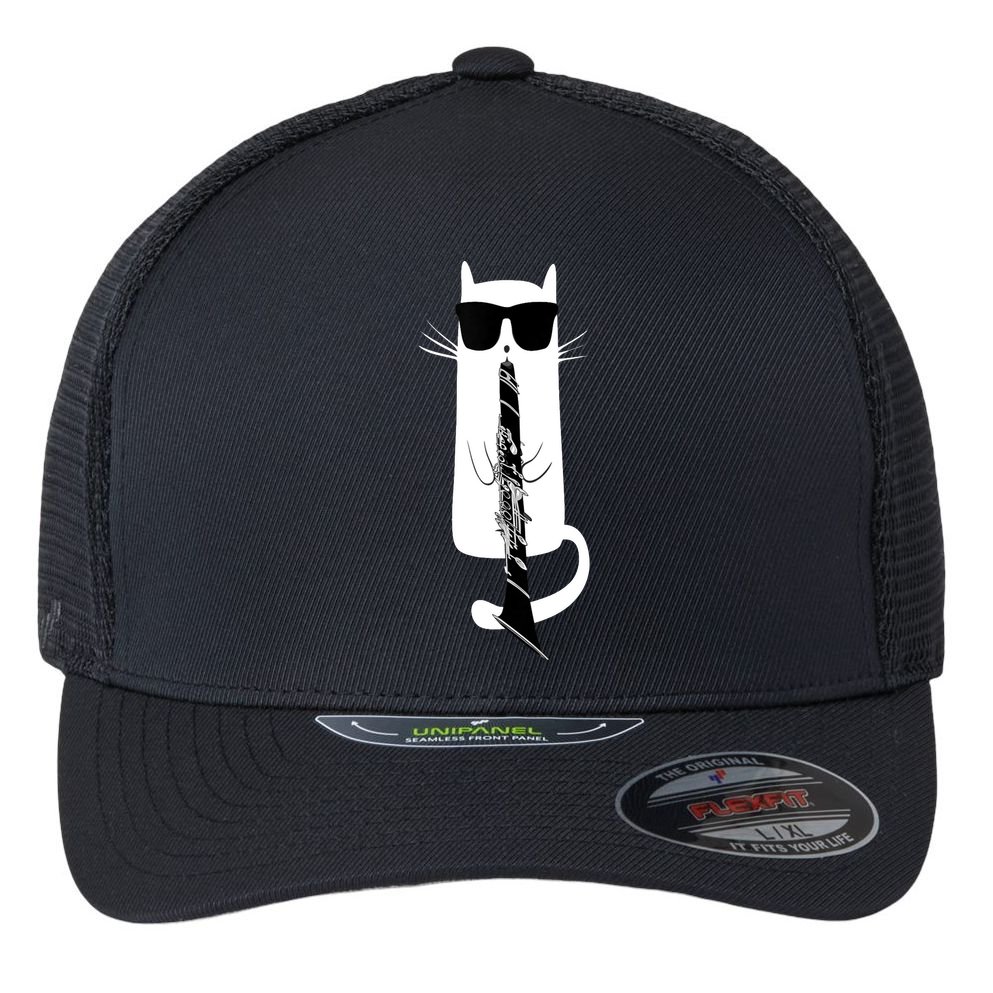 Funny Cat Wearing Sunglasses Playing Clarinet Flexfit Unipanel Trucker Cap