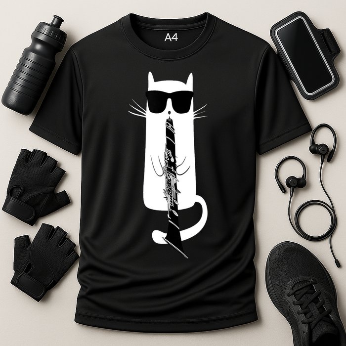 Funny Cat Wearing Sunglasses Playing Clarinet Cooling Performance Crew T-Shirt