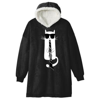 Funny Cat Wearing Sunglasses Playing Clarinet Hooded Wearable Blanket