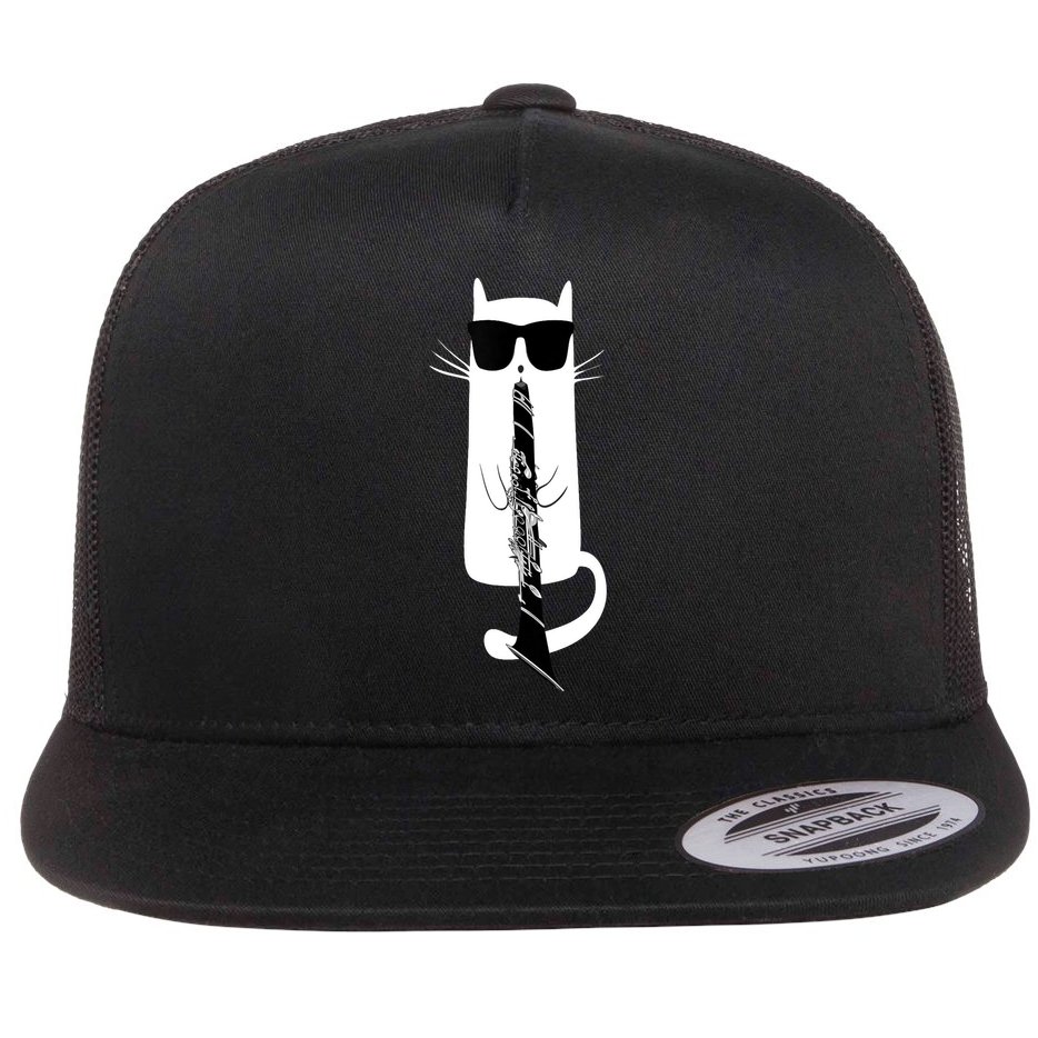 Funny Cat Wearing Sunglasses Playing Clarinet Flat Bill Trucker Hat