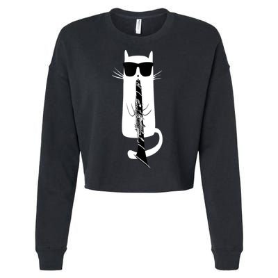 Funny Cat Wearing Sunglasses Playing Clarinet Cropped Pullover Crew