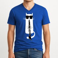 Funny Cat Wearing Sunglasses Playing Clarinet V-Neck T-Shirt