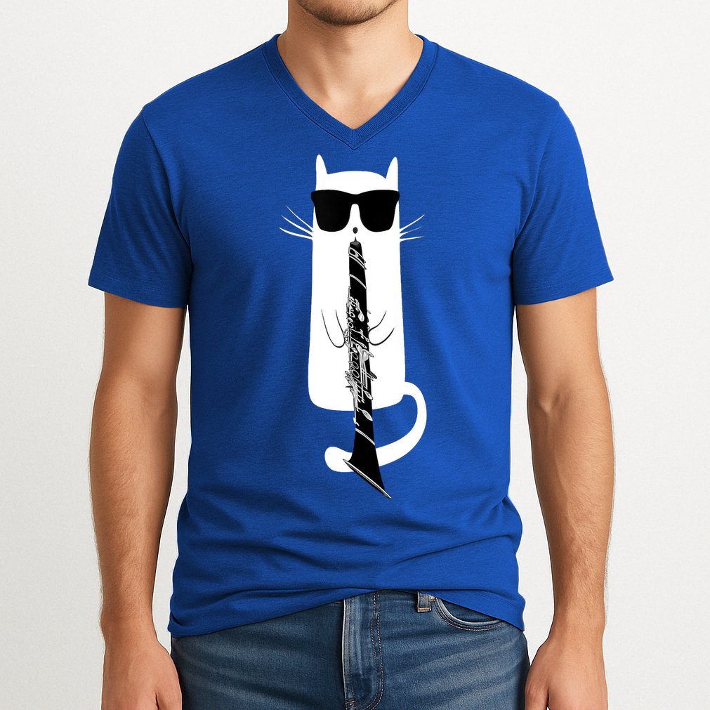 Funny Cat Wearing Sunglasses Playing Clarinet V-Neck T-Shirt