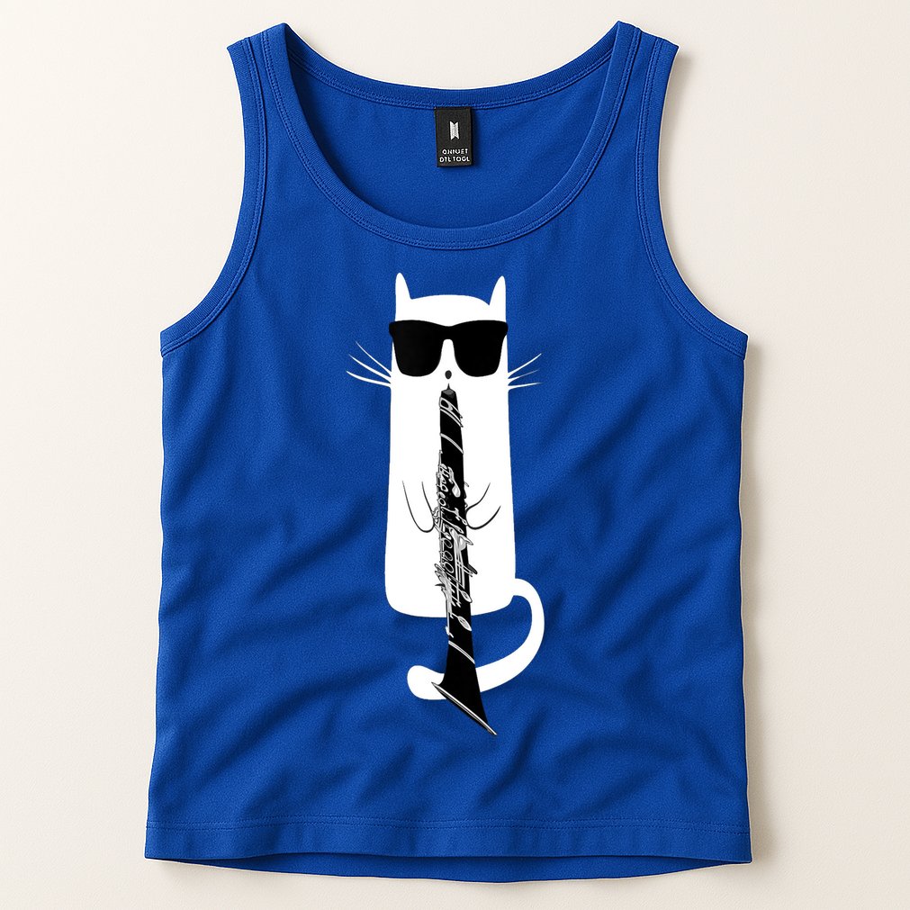 Funny Cat Wearing Sunglasses Playing Clarinet Tank Top