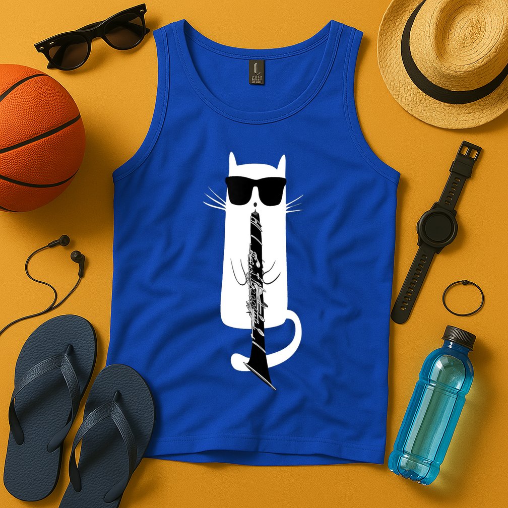 Funny Cat Wearing Sunglasses Playing Clarinet Tank Top