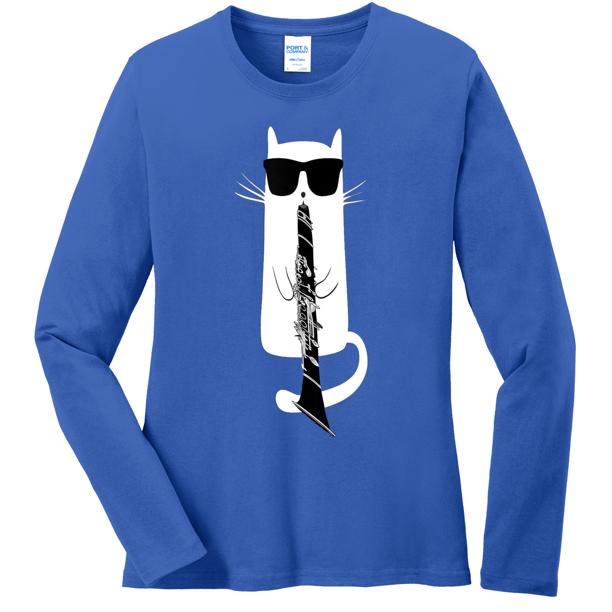 Funny Cat Wearing Sunglasses Playing Clarinet Ladies Long Sleeve Shirt