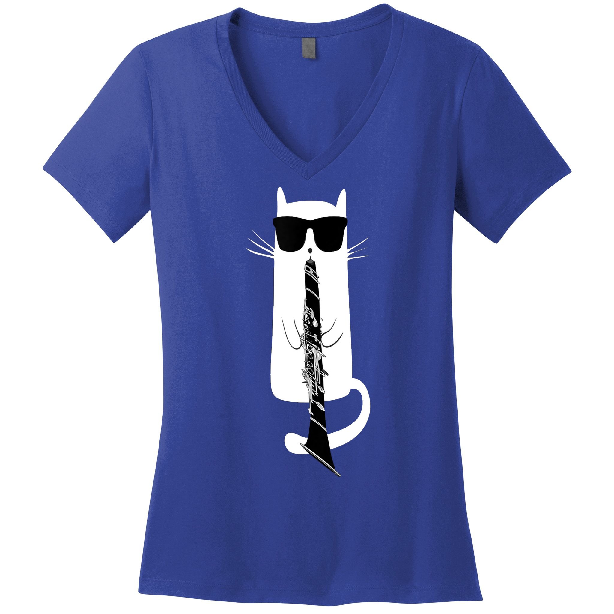 Funny Cat Wearing Sunglasses Playing Clarinet Women's V-Neck T-Shirt
