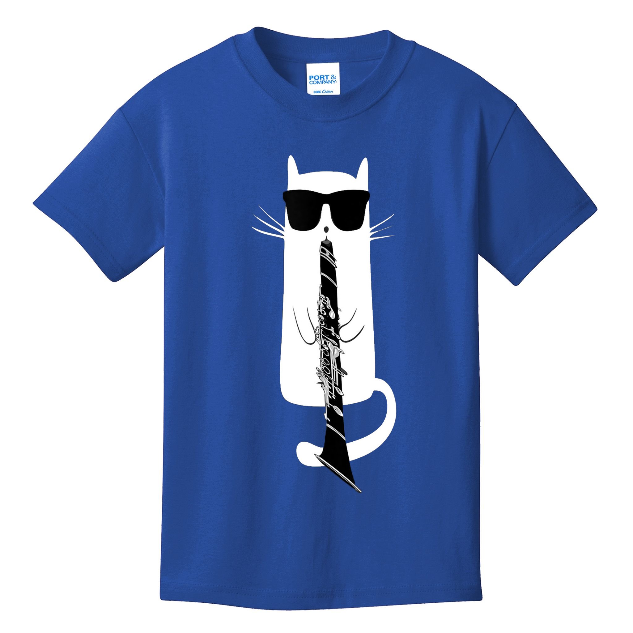 Funny Cat Wearing Sunglasses Playing Clarinet Kids T-Shirt