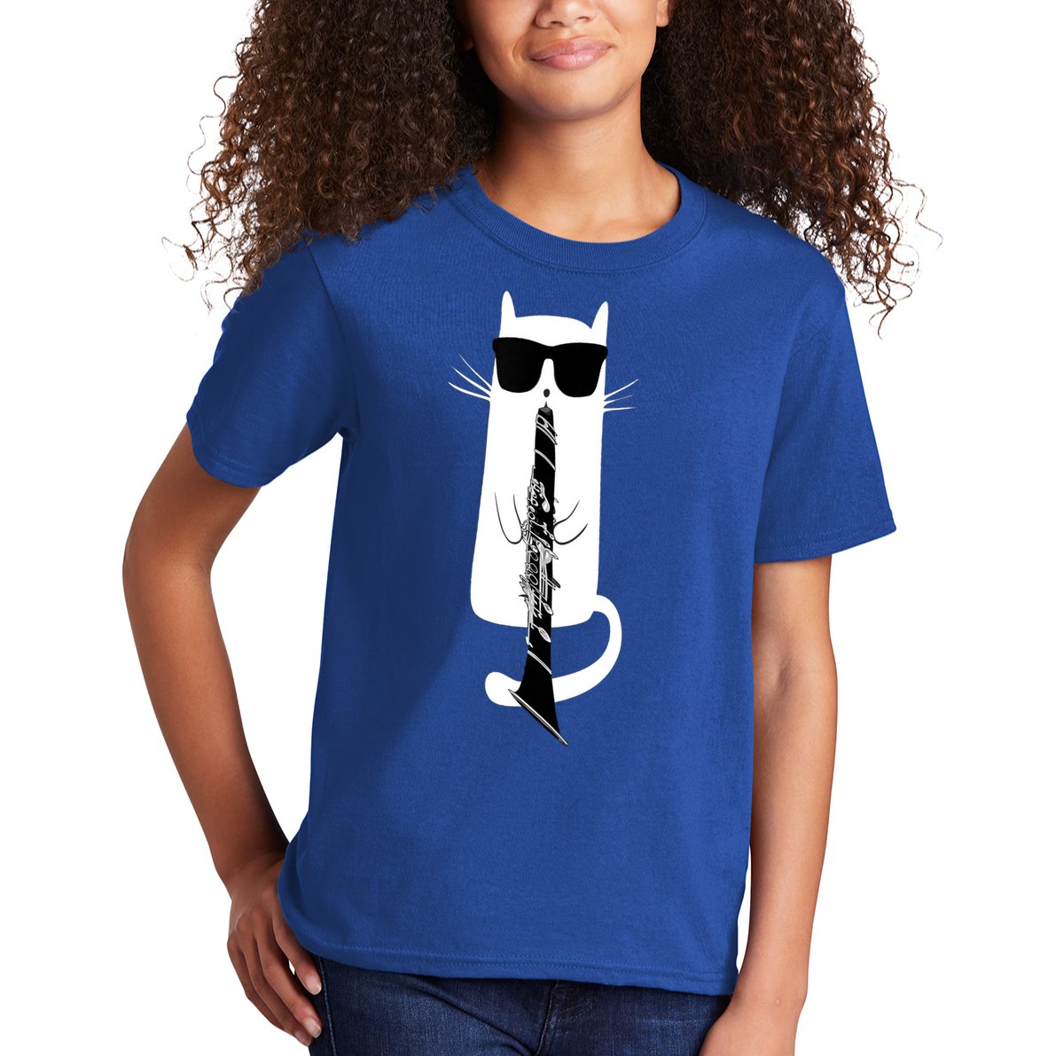 Funny Cat Wearing Sunglasses Playing Clarinet Kids T-Shirt