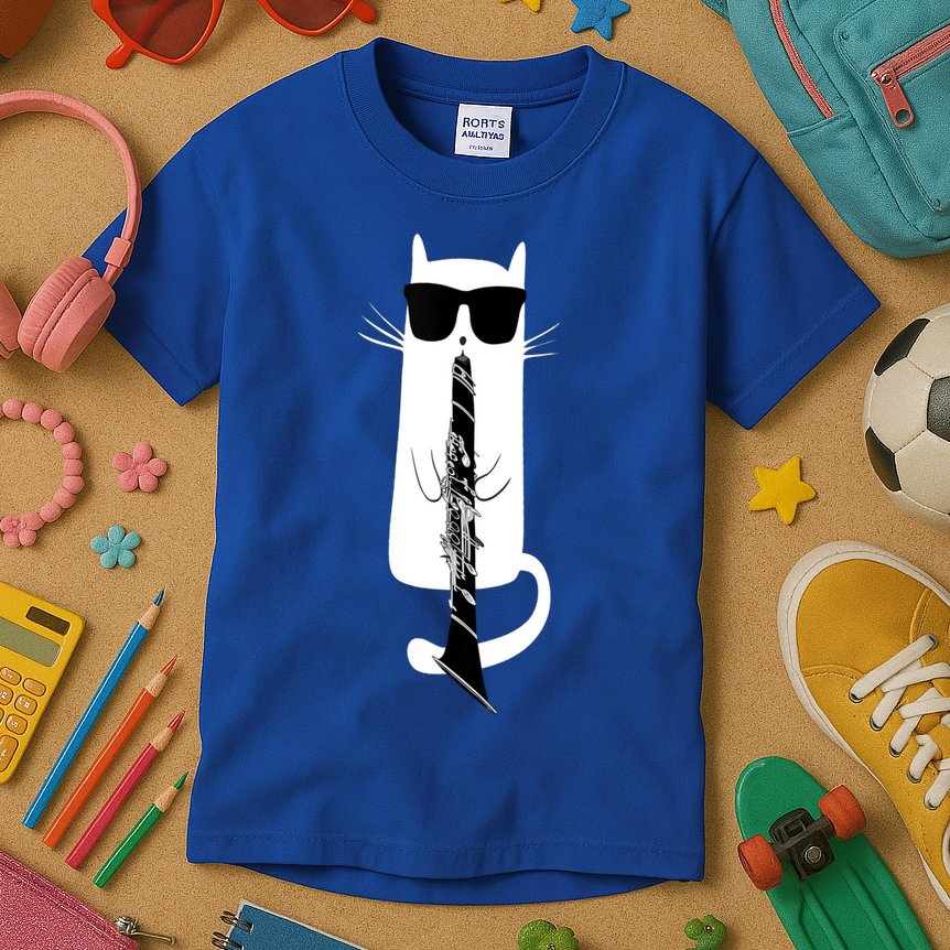 Funny Cat Wearing Sunglasses Playing Clarinet Kids T-Shirt