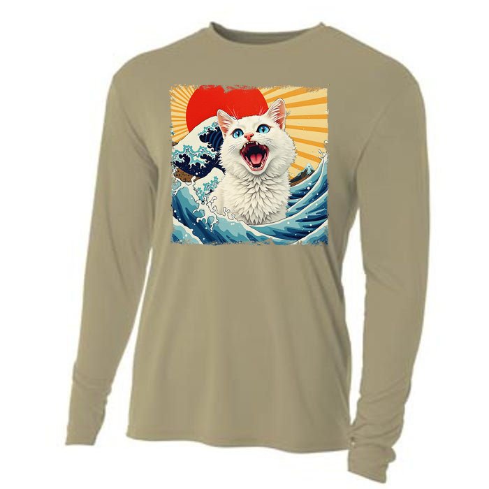 Funny Cat Wave Graphicvintage Japanese Art Anime Cooling Performance Long Sleeve Crew