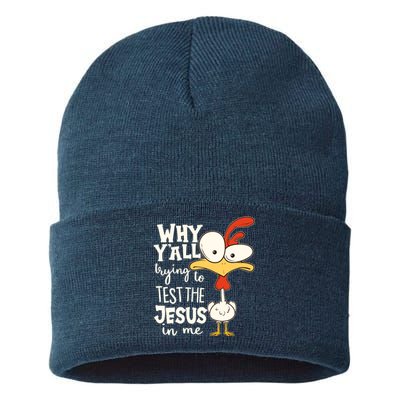 Funny Chicken Why Y'all Trying To Test The Jesus In Me Sustainable Knit Beanie