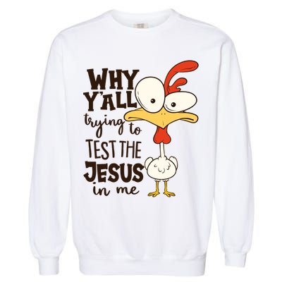 Funny Chicken Why Y'all Trying To Test The Jesus In Me Garment-Dyed Sweatshirt