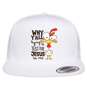 Funny Chicken Why Y'all Trying To Test The Jesus In Me Flat Bill Trucker Hat