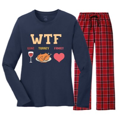 Funny Cute Wine Turkey Family Thanksgiving Gift Women's Long Sleeve Flannel Pajama Set 