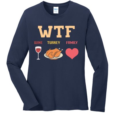 Funny Cute Wine Turkey Family Thanksgiving Gift Ladies Long Sleeve Shirt