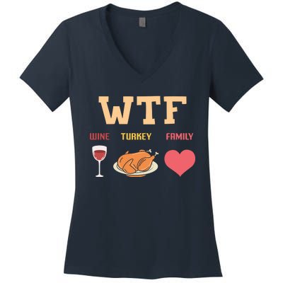 Funny Cute Wine Turkey Family Thanksgiving Gift Women's V-Neck T-Shirt