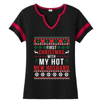 First Christmas With My Hot New Wife Husband Ugly Sweater Cool Gift Ladies Halftime Notch Neck Tee