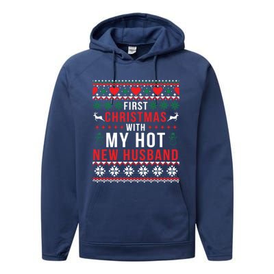 First Christmas With My Hot New Wife Husband Ugly Sweater Cool Gift Performance Fleece Hoodie