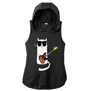 Funny Cat Wearing Sunglasses Playing Bass Guitar Ladies PosiCharge Tri-Blend Wicking Draft Hoodie Tank