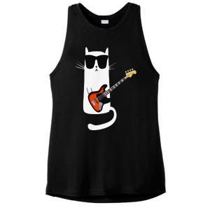 Funny Cat Wearing Sunglasses Playing Bass Guitar Ladies PosiCharge Tri-Blend Wicking Tank