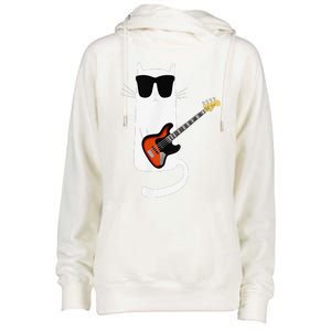 Funny Cat Wearing Sunglasses Playing Bass Guitar Womens Funnel Neck Pullover Hood