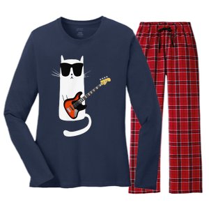 Funny Cat Wearing Sunglasses Playing Bass Guitar Women's Long Sleeve Flannel Pajama Set 