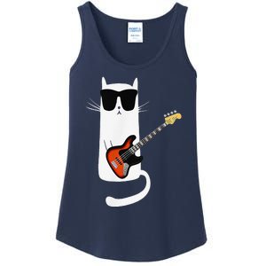 Funny Cat Wearing Sunglasses Playing Bass Guitar Ladies Essential Tank