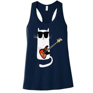 Funny Cat Wearing Sunglasses Playing Bass Guitar Women's Racerback Tank