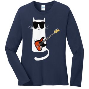 Funny Cat Wearing Sunglasses Playing Bass Guitar Ladies Long Sleeve Shirt