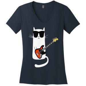 Funny Cat Wearing Sunglasses Playing Bass Guitar Women's V-Neck T-Shirt