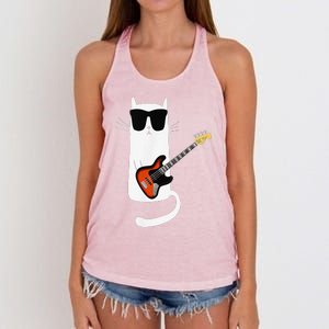 Funny Cat Wearing Sunglasses Playing Bass Guitar Women's Knotted Racerback Tank