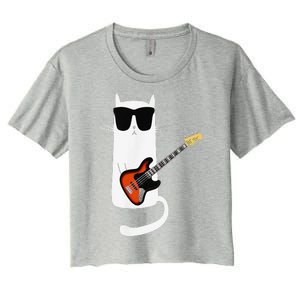 Funny Cat Wearing Sunglasses Playing Bass Guitar Women's Crop Top Tee