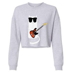 Funny Cat Wearing Sunglasses Playing Bass Guitar Cropped Pullover Crew