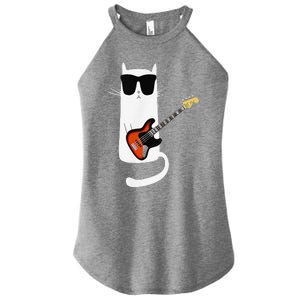 Funny Cat Wearing Sunglasses Playing Bass Guitar Women's Perfect Tri Rocker Tank