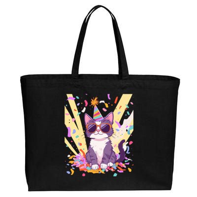 Funny Cat With Sunglasses And Party Hat Celebration Gift Cotton Canvas Jumbo Tote