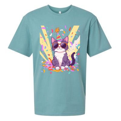 Funny Cat With Sunglasses And Party Hat Celebration Gift Sueded Cloud Jersey T-Shirt