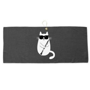 Funny Cat Wearing Sunglasses Playing Clarinet Musician Large Microfiber Waffle Golf Towel