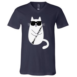 Funny Cat Wearing Sunglasses Playing Clarinet Musician V-Neck T-Shirt