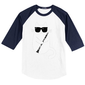 Funny Cat Wearing Sunglasses Playing Clarinet Musician Baseball Sleeve Shirt