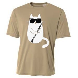 Funny Cat Wearing Sunglasses Playing Clarinet Musician Cooling Performance Crew T-Shirt