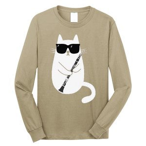 Funny Cat Wearing Sunglasses Playing Clarinet Musician Long Sleeve Shirt