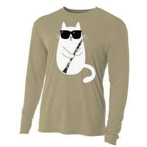 Funny Cat Wearing Sunglasses Playing Clarinet Musician Cooling Performance Long Sleeve Crew