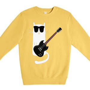 Funny Cat Wearing Sunglasses Playing Electric Guitar Premium Crewneck Sweatshirt