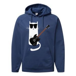 Funny Cat Wearing Sunglasses Playing Electric Guitar Performance Fleece Hoodie