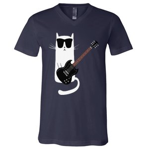 Funny Cat Wearing Sunglasses Playing Electric Guitar V-Neck T-Shirt