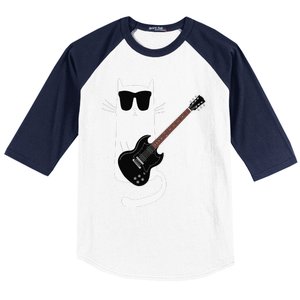 Funny Cat Wearing Sunglasses Playing Electric Guitar Baseball Sleeve Shirt