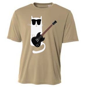 Funny Cat Wearing Sunglasses Playing Electric Guitar Cooling Performance Crew T-Shirt