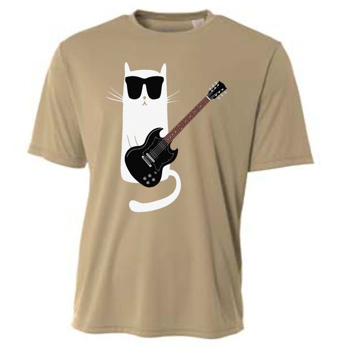 Funny Cat Wearing Sunglasses Playing Electric Guitar Cooling Performance Crew T-Shirt